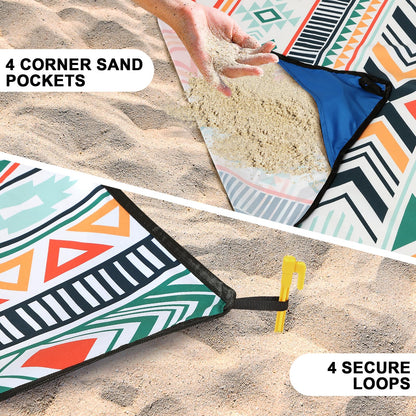 HIHOHO Beach Blanket, Sandproof Beach Mat, Waterproof Quick Drying Lightweight Outdoor Aztec Picnic Mat 79" X 83"/120"x108" for 2-8 Adults for Travel, Camping, Hiking