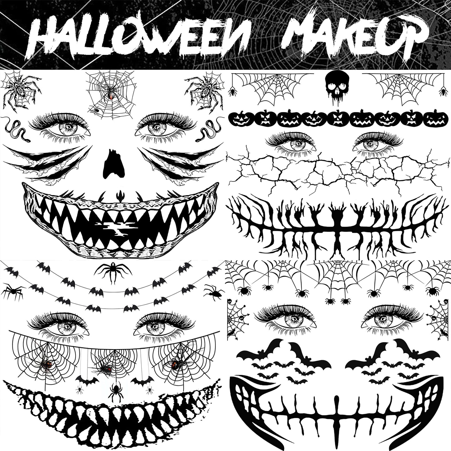 EGMBGM 4 Sheets Scary Halloween Face Temporary Tattoos For Women Men, 3D Witch Zombie Makeup Kit For Kids Girls Boys Adults, Dia de los muertos Day of the Dead Makeup Face Tattoos Spider Web Bat Scar