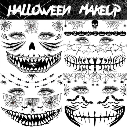 EGMBGM 4 Sheets Scary Halloween Face Temporary Tattoos For Women Men, 3D Witch Zombie Makeup Kit For Kids Girls Boys Adults, Dia de los muertos Day of the Dead Makeup Face Tattoos Spider Web Bat Scar