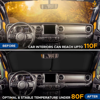 EcoNour 2-Piece Windshield Sun Shade for Jeep, Offers Complete Automotive Sun Protection, Foldable Jeep Windshield Shade Suits Wrangler, Compass, Gladiator & Renegade, (X-Small 18 in x 26 in)