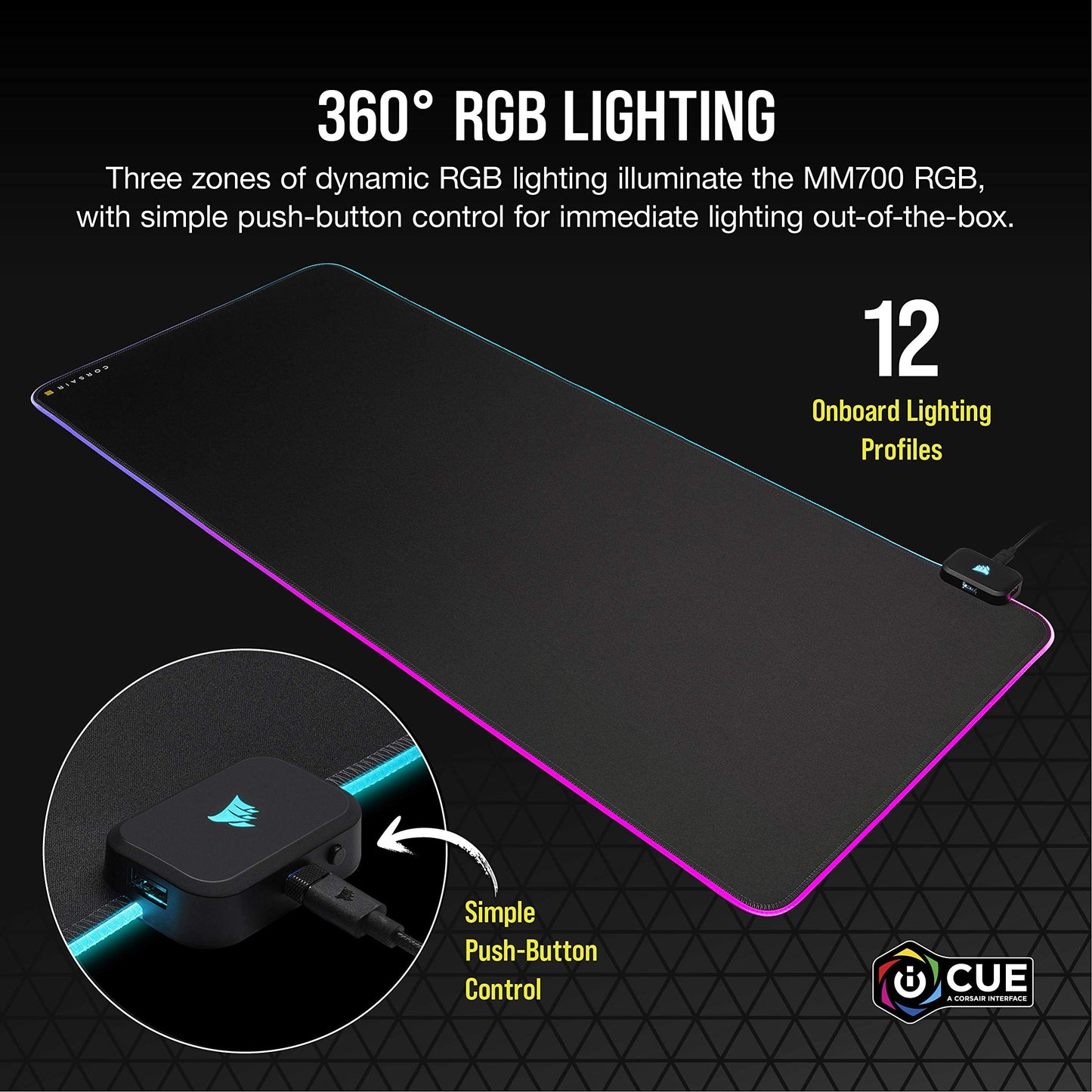 CORSAIR MM700 RGB Extended Cloth Gaming Mouse Pad - 36.6" x 15.8" - 360° RGB Lighting - Two USB Port Hub - Thick Rubber - Black