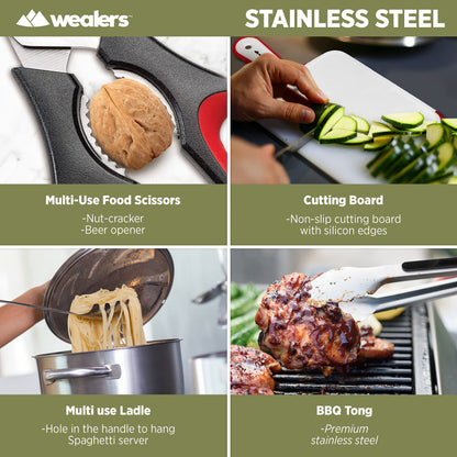 12 Piece Camp Kitchen Cooking Utensil Set Travel Organizer Grill Accessories Portable Compact Gear for Backpacking BBQ Camping Hiking Travel Cookware Kit Water Resistant Case (Green)