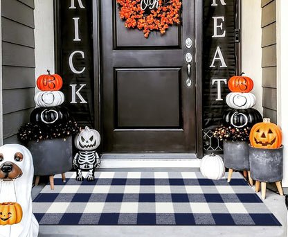 Front Porch Rug 2'X4.3' Blue and White Checkered Outdoor Rug Cotton Woven Washable Halloween Layering Door Mat for Welcome Mat Entryway Bedroom Living Room