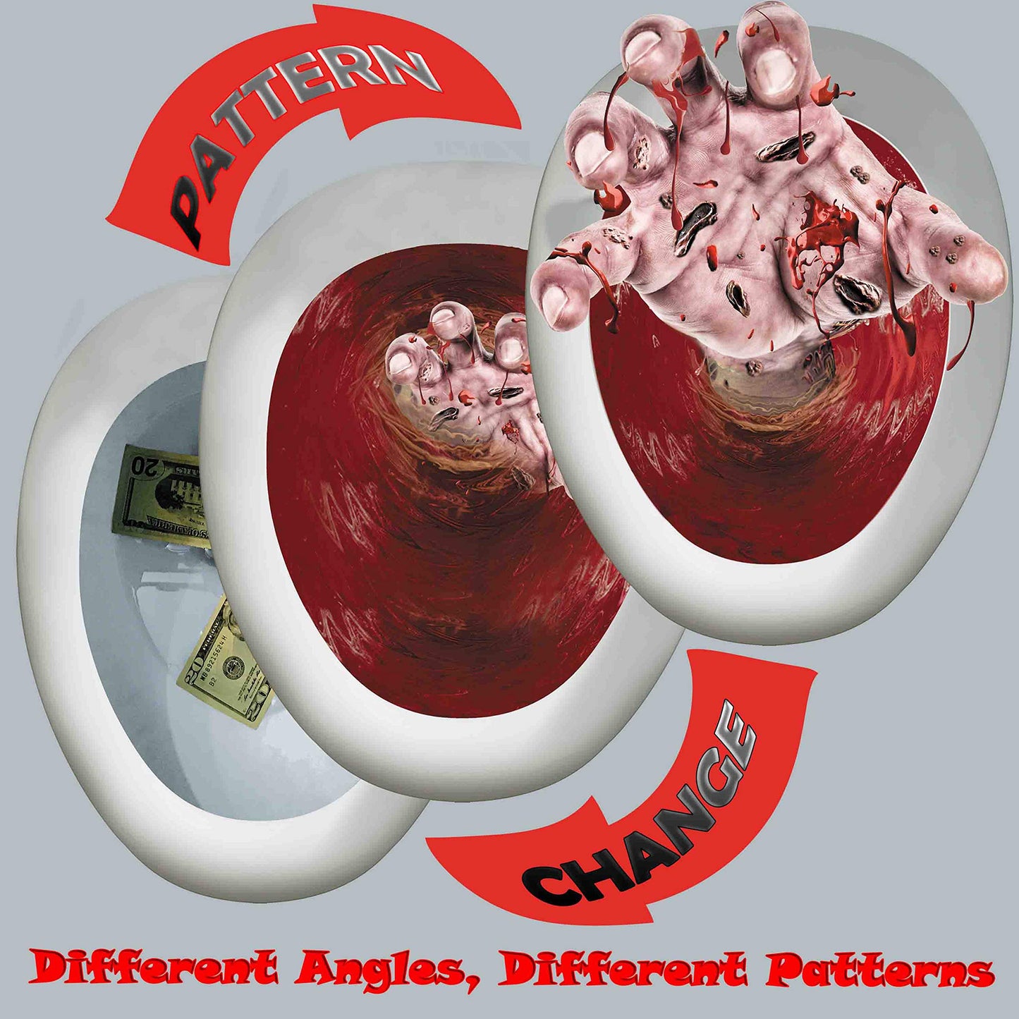 Halloween Toilet Seat Cover 3D Horror Morphing Decal for Halloween Theme Party Home Decor (Zombie Hand&Dollar&Blood)