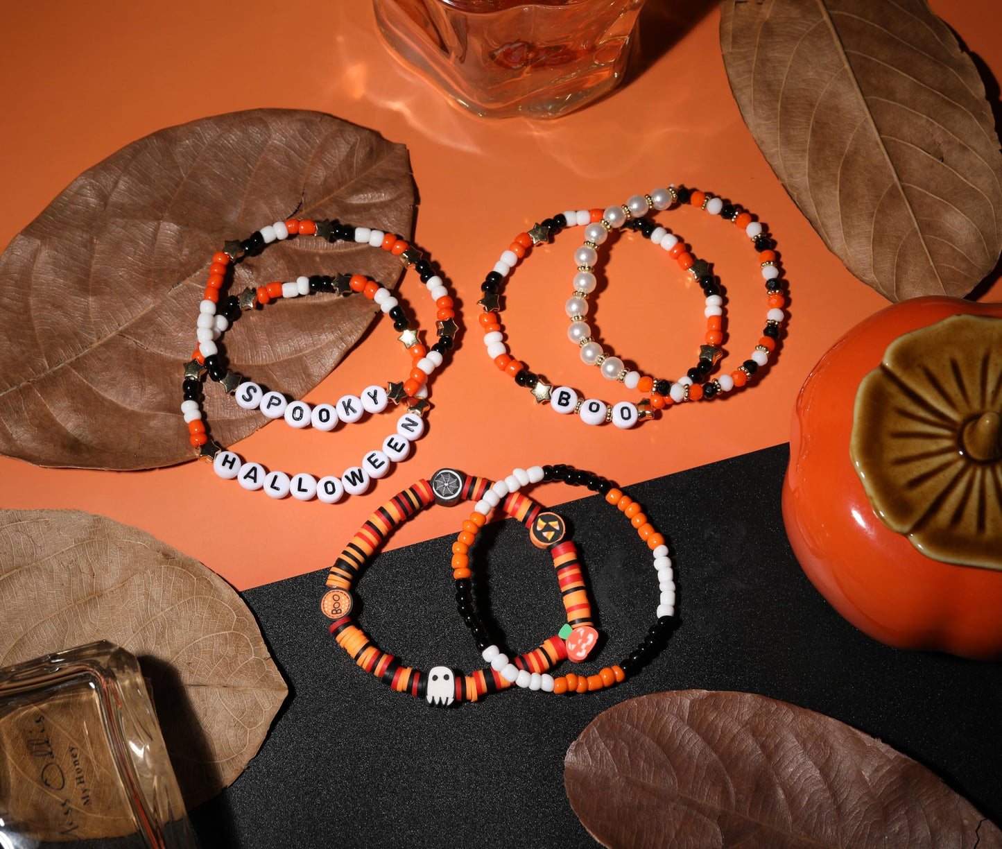 ecozran Halloween Stacked Heishi Bead Bracelet Set 6Pcs Stretch Elastic Pearl Colorful Letter Spooky Boo Halloween Holiday Party Gift for Women(Hallo-wmas-2)