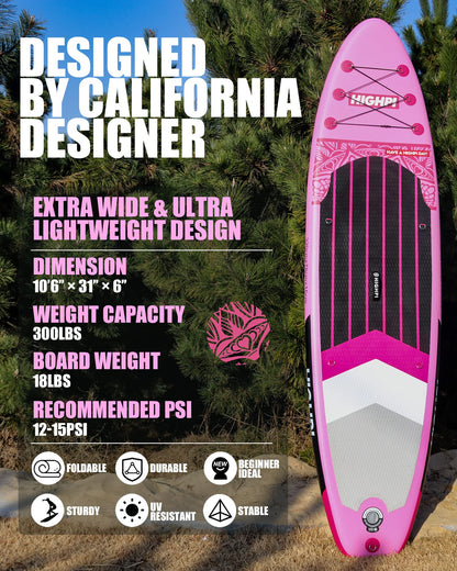 Highpi 10'6'' Inflatable Stand Up Paddle Board for Youth and Adults – Wide Sup with Premium Accessories, Blow Up Paddleboard for Surfing, Fishing, Yoga & More