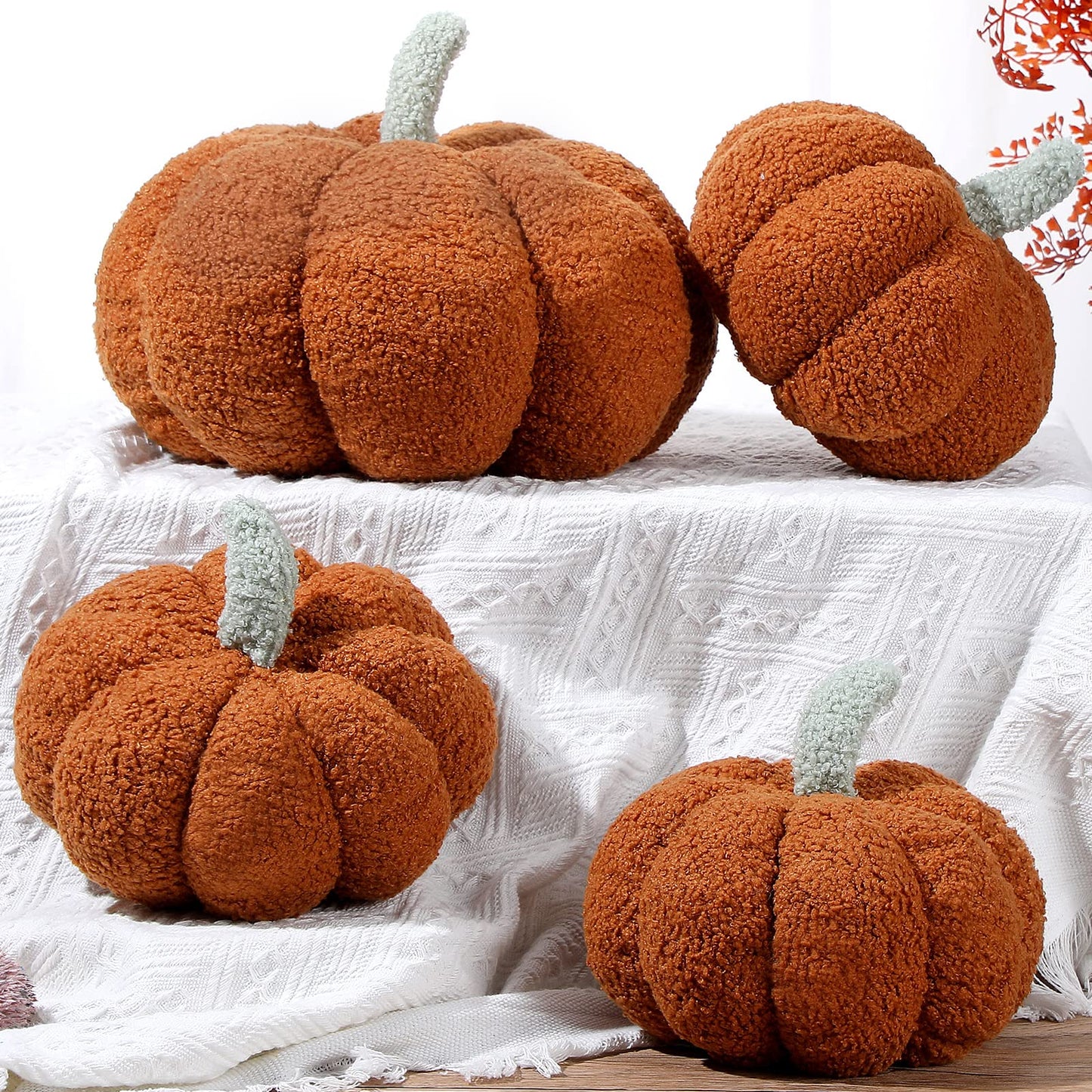 Kajaia 4 Pcs Pumpkin Throw Pillow Cushion 3D Thanksgiving Pumpkin Pillow Halloween Sherpa Fall Pumpkin Toy Fluffy Stuffed Pillow Kids' Plush Toy Pillow,11 Inches, 7 Inches (Brown)