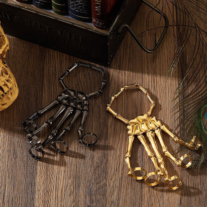 Hicarer 2 Pcs Skeleton Hand Bracelet with Finger Ring Metal Steampunk Skull Gothic Skull Bracelet Adjustable Skeleton Hand Jewelry Finger Wristband for Men Women Halloween Cosplay
