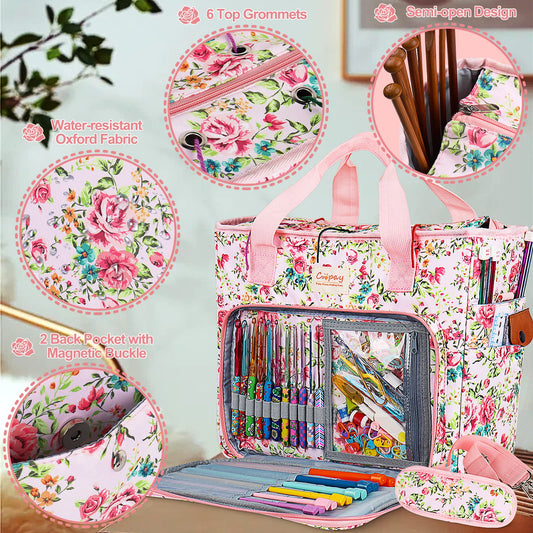 Coopay Large Crochet Bag Knitting Bags and Totes Organizer, Traveling Crochet Bags Yarn Bag for Carrying Crochet Hooks, Knitting Kit, Skein Yarn Wool, Project, Knitting & Crochet Supplies, Pink Flower