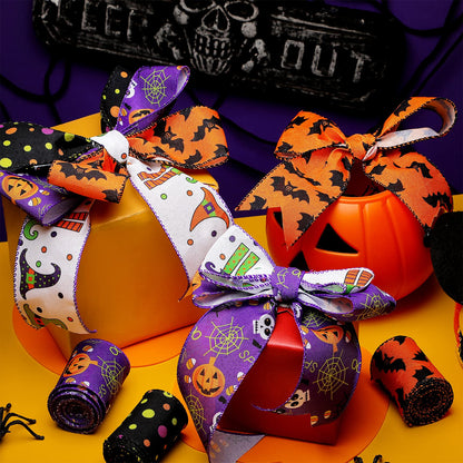 4 Rolls 20 Yards Halloween Wired Edge Ribbon Spider Web Printed Grosgrain Ribbons Halloween Theme Holiday DIY Craft Wrapping Ribbon for Home Party Decor