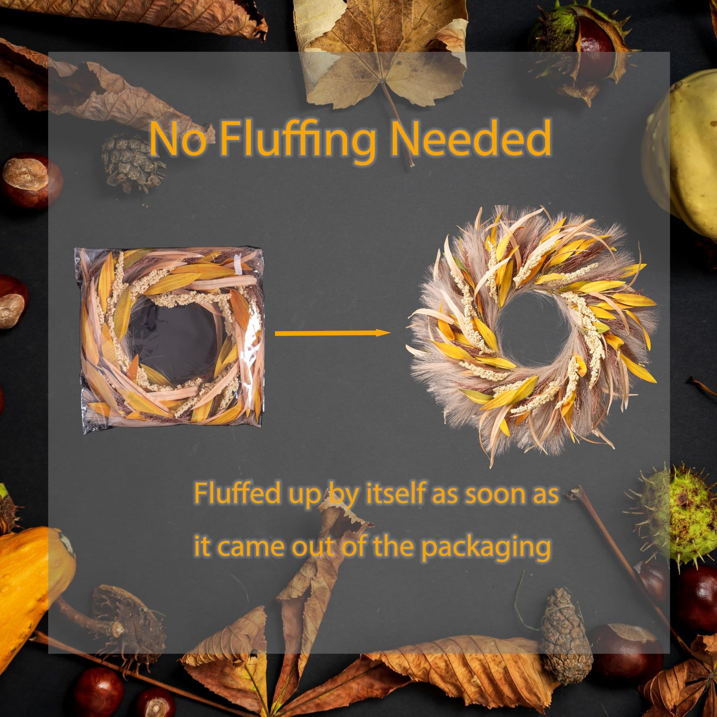 Fall Wreath 22-24inch Autumn Door Wreath with Yellow Leaves, Light Brown Reeds,Beige Wheat Ears for Farmhouse Indoor Outdoor Window Wall Thanksgiving Decor