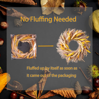 Fall Wreath 22-24inch Autumn Door Wreath with Yellow Leaves, Light Brown Reeds,Beige Wheat Ears for Farmhouse Indoor Outdoor Window Wall Thanksgiving Decor