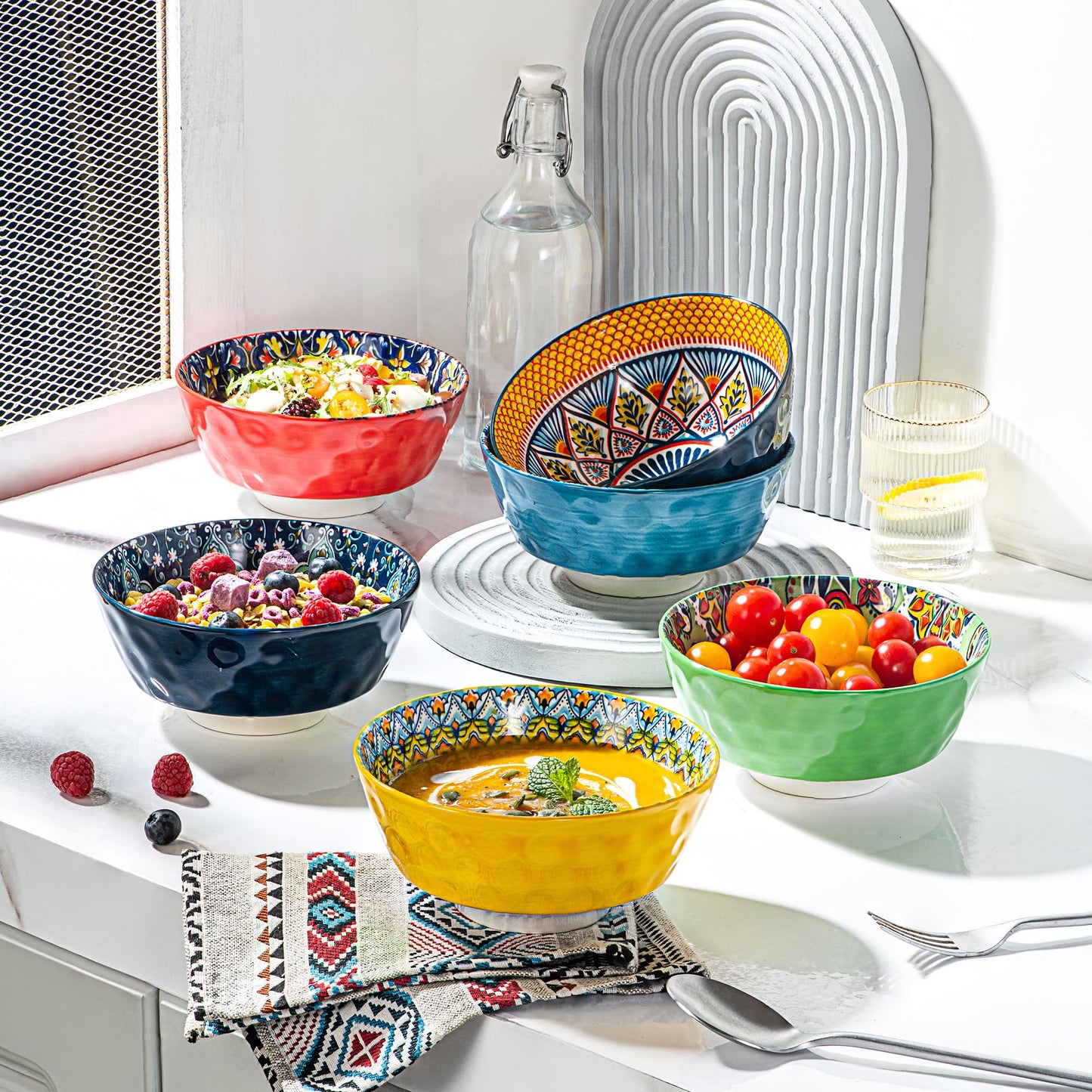 HENXFEN LEAD Ceramic Cereal, Soup Bowls Set of 6-25 Oz Porcelain Serving Bowls for Dinner, Pasta, Salad, Oatmeal, Microwave & Dishware Safe - Bohemian Style