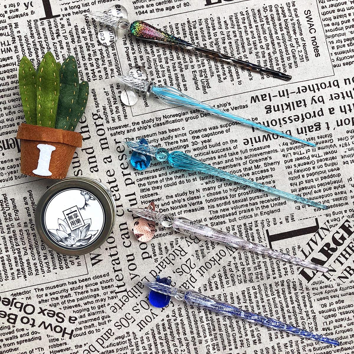 ESSSHOP Handmade Glass Dip Pen and Ink Set - 15ml Color Inks Pen Holder Cleaning Cup Ink Drip Tool Crystal Signature Ink Dipped Pen Kit for Art Writing Calligraphy Christmas Day Gifts