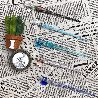 ESSSHOP Handmade Glass Dip Pen and Ink Set - 15ml Color Inks Pen Holder Cleaning Cup Ink Drip Tool Crystal Signature Ink Dipped Pen Kit for Art Writing Calligraphy Christmas Day Gifts