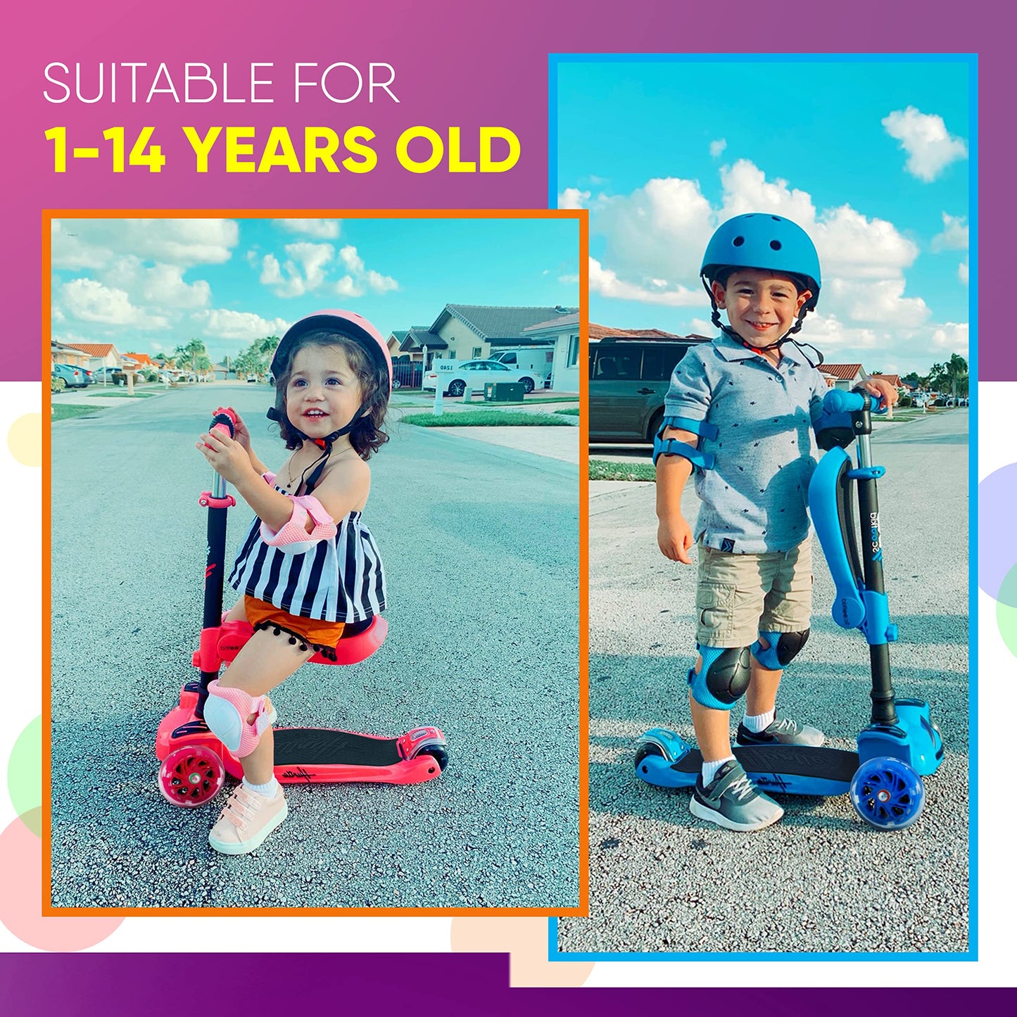 Hurtle Kids Scooter - Child Toddler Kick Scooter Toy with Foldable Seat - 3 Wheel Scooter with Adjustable Height, Anti-Slip Deck, Flashing Wheel Lights, for Boys/Girls 1-12 Year Old, Purple