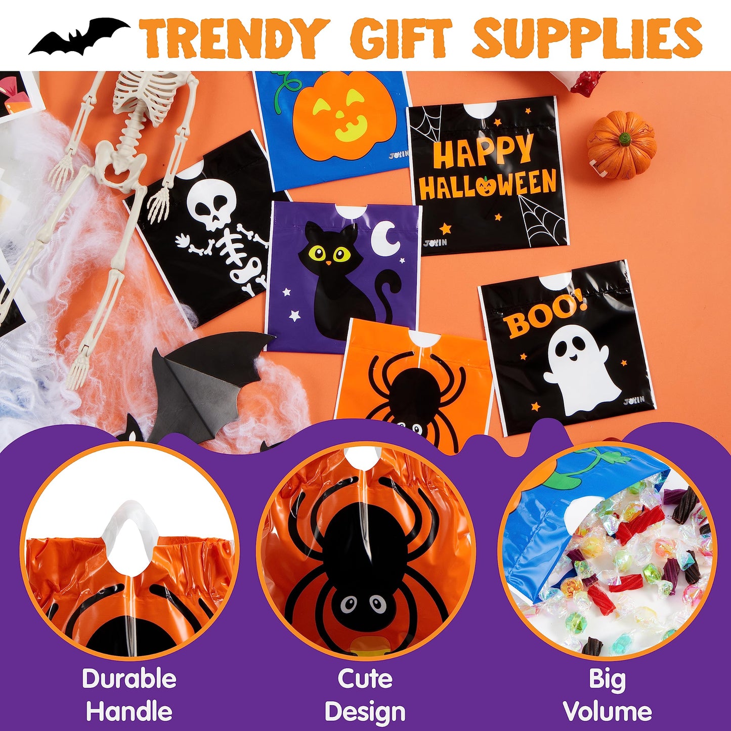 JOYIN 96 Pcs Halloween Drawstring Candy Bags, Small Trick or Treat Goodie Bags Bulk, 6 Designs Halloween Plastic Gift Bag for Kids Trick or Treating, Boys Girls Party Favors Supplies, Classroom Gifts