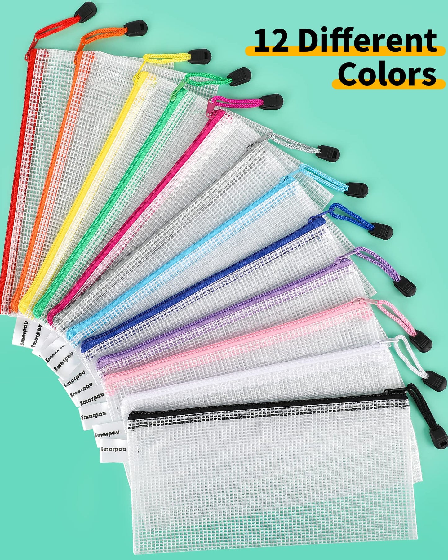 Smarpau 24PCS Pencil Pouches Bulk, 9.3" x 4.7"Mesh Zipper Pouch Pencil Case, 12 Colors Waterproof Small Zipper Pouches for Travel, Cosmetics, Office Organization