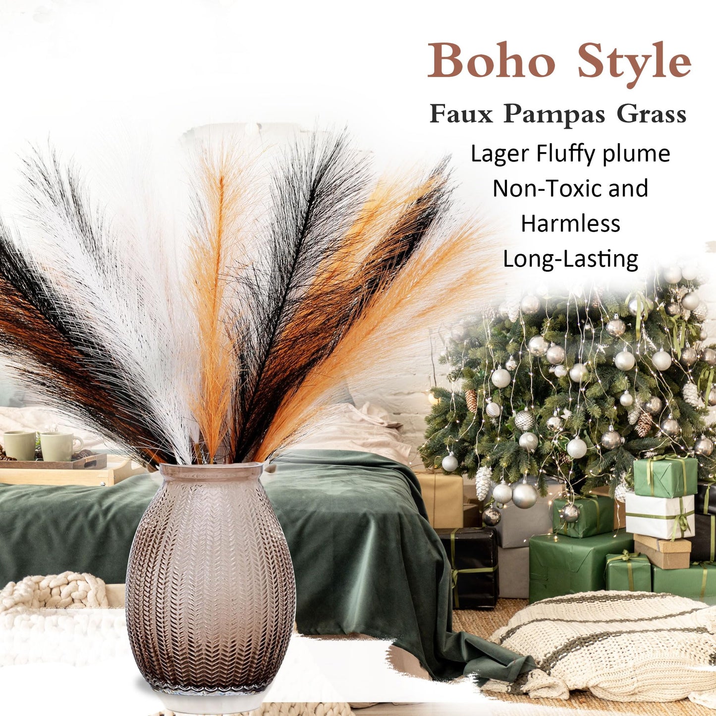 Acfruits Pampas Grass Small, Black&White&Orange 30 Pcs 17" Faux Pampas Grass Short Decor, Pompas Grass Flower Arrangement and Vase Filler for Halloween Decoration