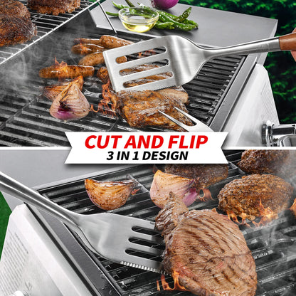 GRILAZ Heavy-Duty Rose Wooden BBQ Grilling Tools Set. Extra Thick Stainless Steel Multi-Function Spatula, Fork & Tongs | Essential Accessories for Barbecue & Grill. Ideal Gift for Father…