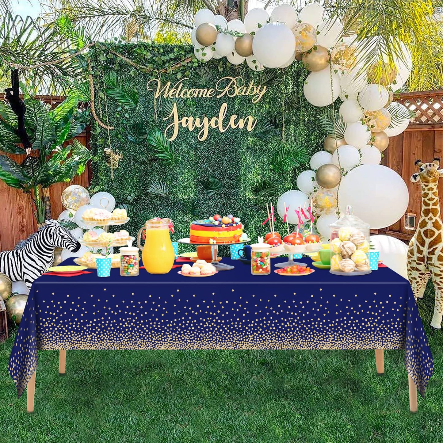 2 Pcs Navy Blue and Gold Plastic Tablecloth for Rectangle Table, 54 × 108 inches Disposable Gold Dot Dark Blue Party Table Covers for Anniversary, Wedding, Fine Dining, Graduation Party Decoration