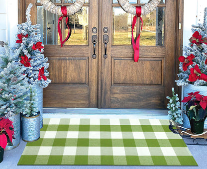 Green and White Buffalo Outdoor Rug 24''x51''Checkered Plaid Front Porch Rug Cotton Woven Machine Washable Door Mat Outdoor for Layered Doormat Hello Welcome Door Mat Kitchen Farmhouse Entryway