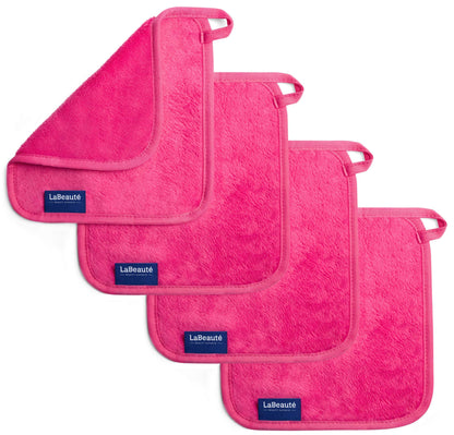 LaBeauté Make-Up Removal Wipes Microfibre (4 Pieces, 21 x 21 cm) Washable and Reusable Make Up Remover Pads, Microfibre Make-Up Pads, for Facial Cleansing and Make-Up Removal (Pink)