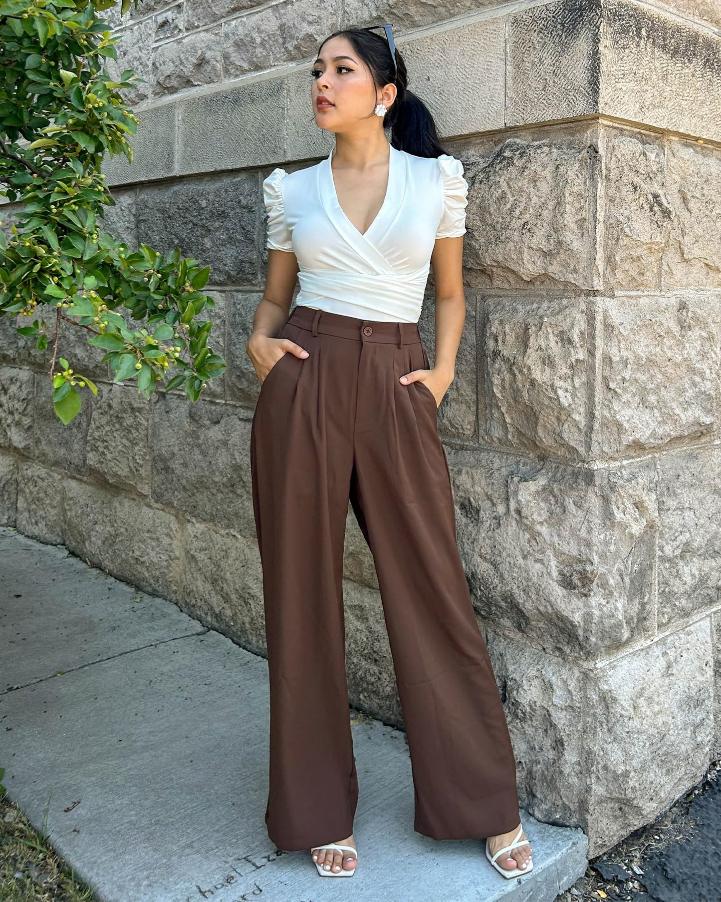 GRAPENT Business Pants - Old Money Style, High Waisted Wide Leg, Brown Chocolate Slacks for Women - Size XXL/20-22