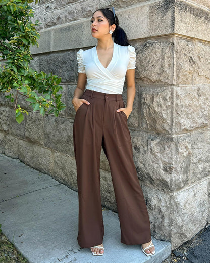 GRAPENT Business Pants - Old Money Style, High Waisted Wide Leg, Brown Chocolate Slacks for Women - Size XXL/20-22