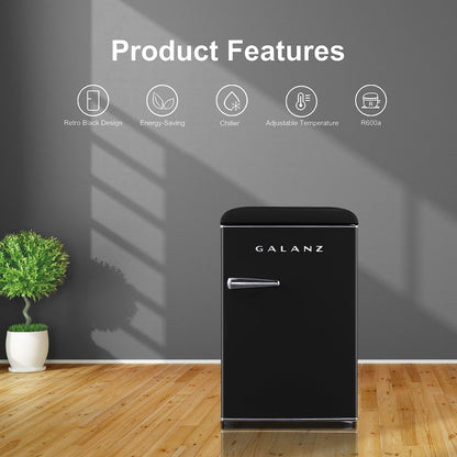 Galanz GLR25MBKR10 Retro Compact Refrigerator, Mini Fridge with Single Doors, Adjustable Mechanical Thermostat with Chiller, Black, 2.5 cu ft