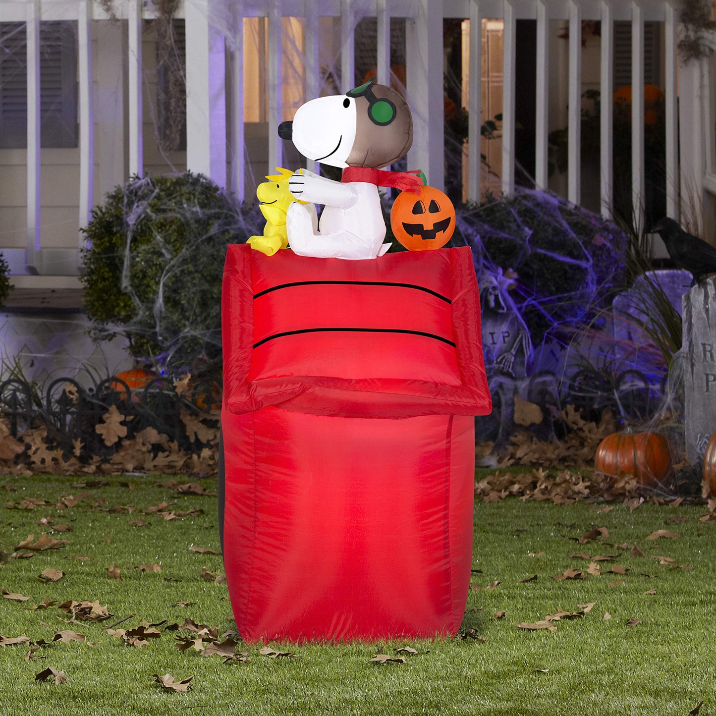 Gemmy Airblown Inflatable Snoopy as Red Barron and Woodstock on Doghouse with Pumpkin - Indoor Outdoor Holiday Yard Decoration, 3.5-Foot Tall