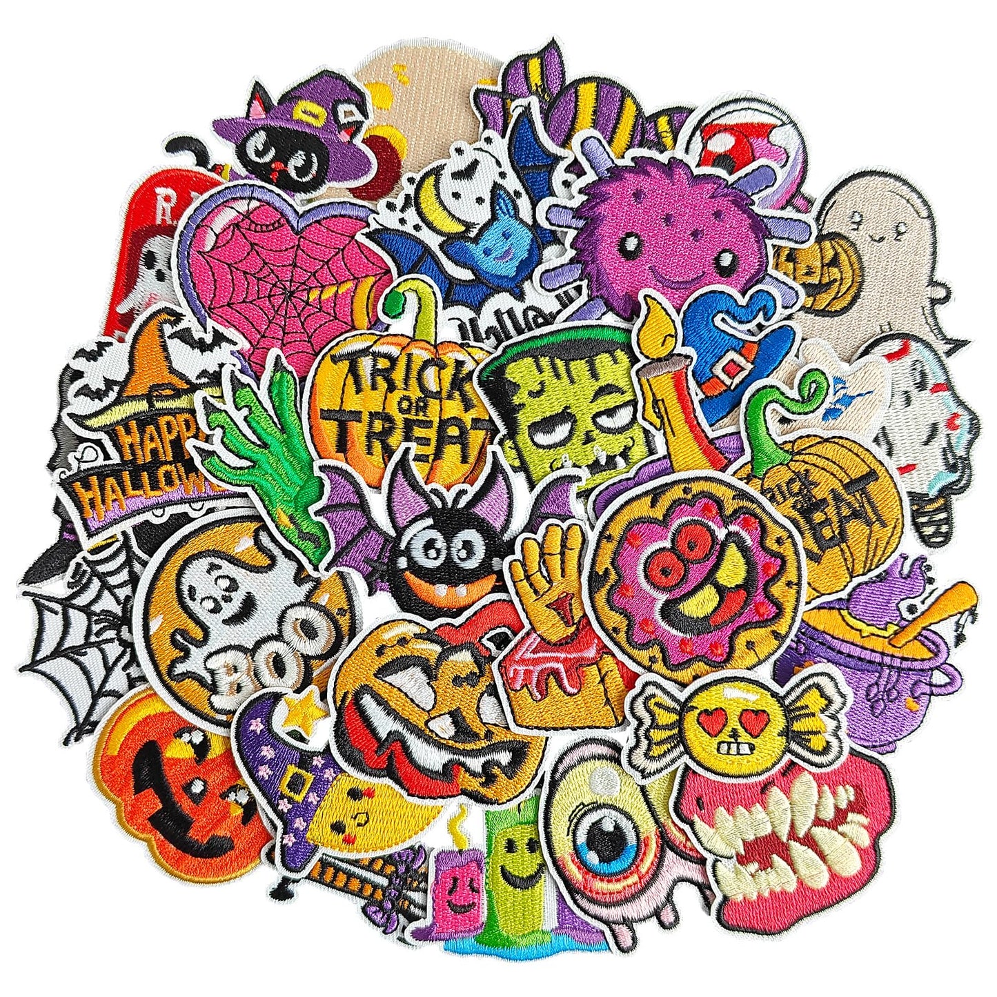 GYGYL 32Pcs Halloween Iron on Patches, Halloween Theme Cute Skull Pumpkin Ghost Black Cat Witch Bats Iron on Embroidered Patch for Jackets Backpacks Clothing