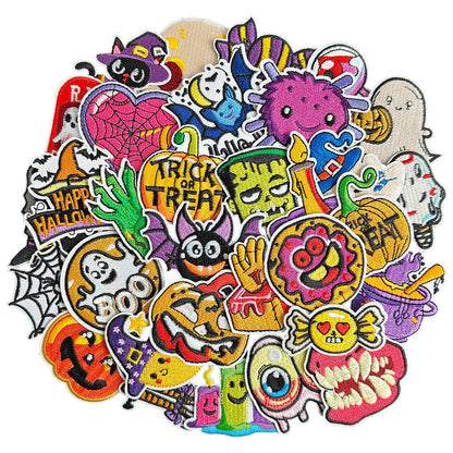 GYGYL 32Pcs Halloween Iron on Patches, Halloween Theme Cute Skull Pumpkin Ghost Black Cat Witch Bats Iron on Embroidered Patch for Jackets Backpacks Clothing