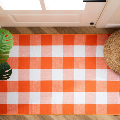 joybest Fall Buffalo Plaid Rug 27.5 x 43 Inch Orange White Front Door Mat, Cotton Hand-Woven Checkered Outdoor Rug for Front Porch, Farmhouse, Entryway
