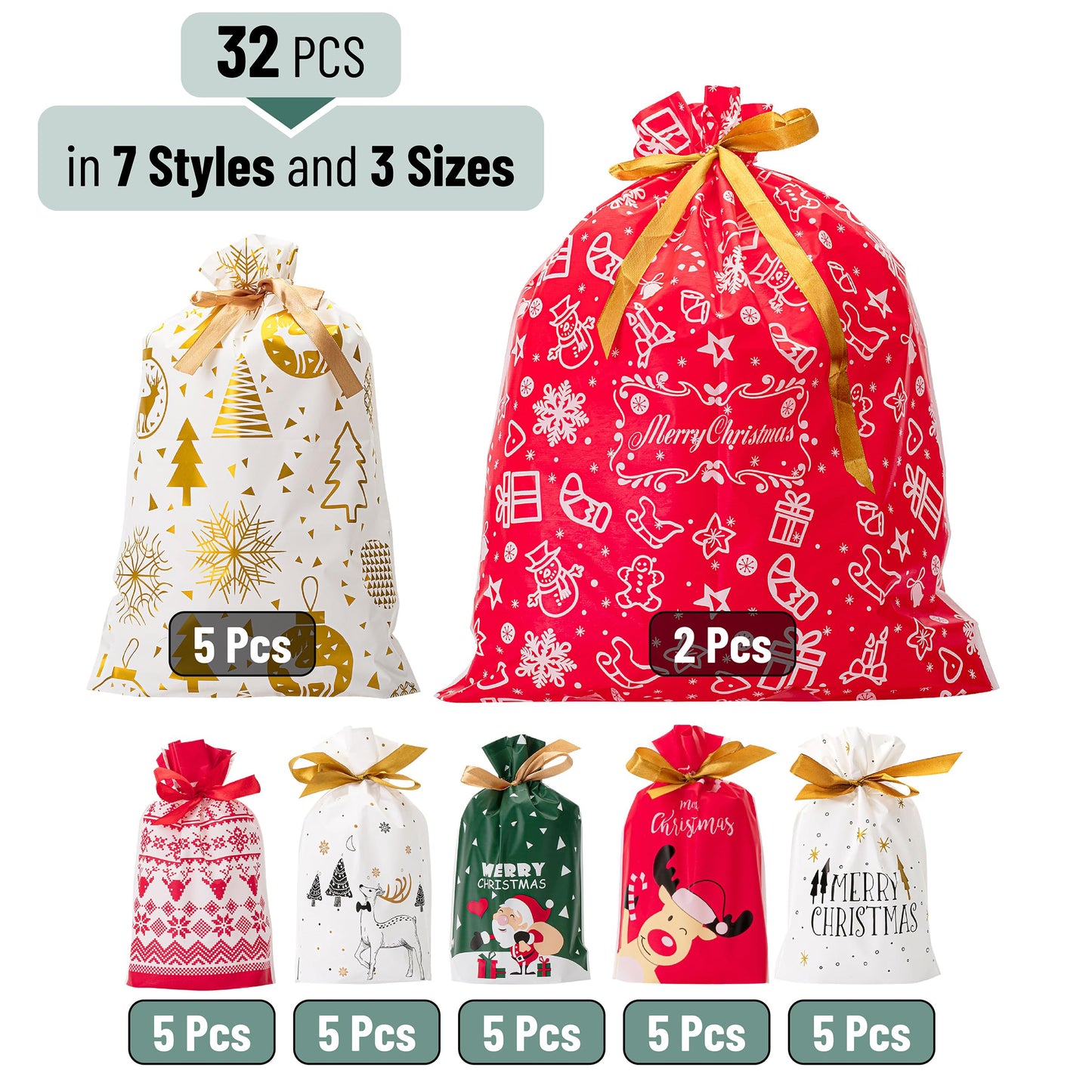 Mr. Pen- Christmas Drawstring Gift Bags, 32 pcs, Christmas Gift Bags Assorted Sizes, Christmas Bags with Drawstring, Christmas Gift Bags Bulk, Drawstring Christmas Gift Bags Drawstring, Gift Wrap Bags