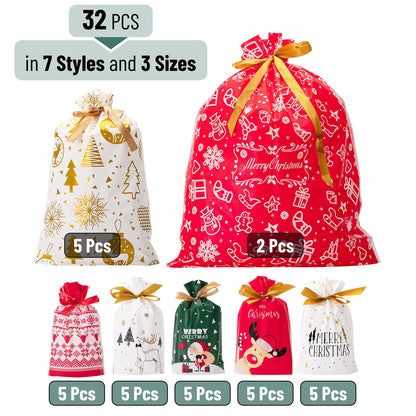 Mr. Pen- Christmas Drawstring Gift Bags, 32 pcs, Christmas Gift Bags Assorted Sizes, Christmas Bags with Drawstring, Christmas Gift Bags Bulk, Drawstring Christmas Gift Bags Drawstring, Gift Wrap Bags