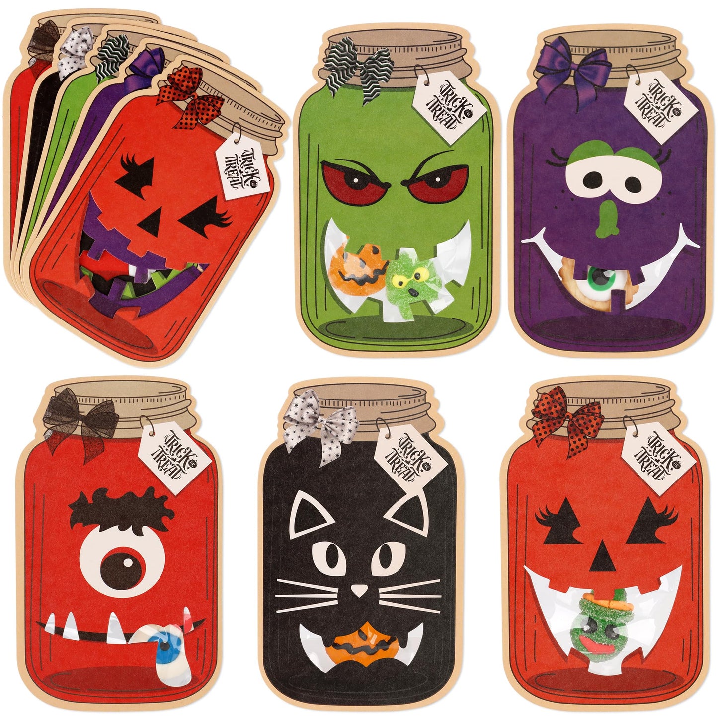 Giiffu 50-Pack Halloween Mason Jar Cards with 50 Clear Treat Bags – DIY Trick-or-Treat Goodie Bags for Kids, Classroom Halloween Party Favors & Gift Exchange