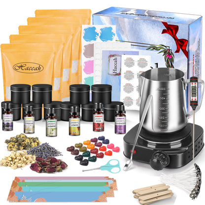 Complete Candle Making Kit with Wax Melter, Making Supplies,DIY Arts&Crafts Gift for Kids,Beginners,Adults,Including 500w Electronic Stove,Wicks,Rich Scents,Dyes,Melting Pot,Candle tins