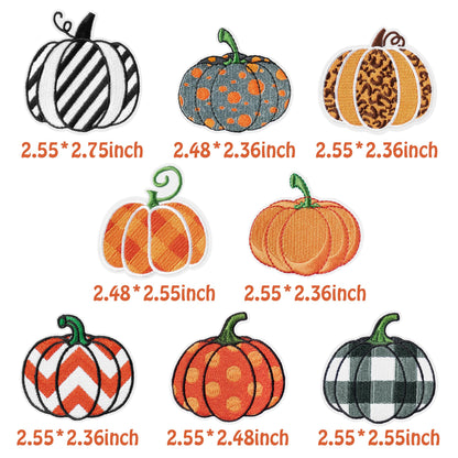 Kirako 8Pcs Pumpkin Iron on Patches Fall Thanksgiving Buffalo Plaid Leopard Stripe Dot Sew on Repair Embroidered Applique Autumn Harvest Halloween DIY Craft Accessories Gifts for Clothing Backpack Hat