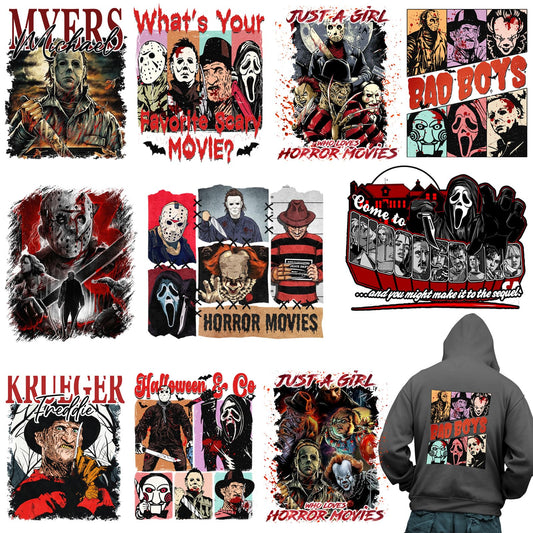 10 Sheets Halloween Iron on Patches Stickers, Halloween Iron on Transfers for T-Shirts, Horror Movie Characters,Halloween Heat Transfer Vinyl Iron on Decals for Bags Clothes