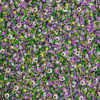 Fancy Sprinkles Limited Edition Halloween Graveyard Shift Purple and Green Crunchy Sprinkles, Plus Candy Eyeballs, Ghostly Confetti, and Eerie Tombstone Shapes (0.5c)