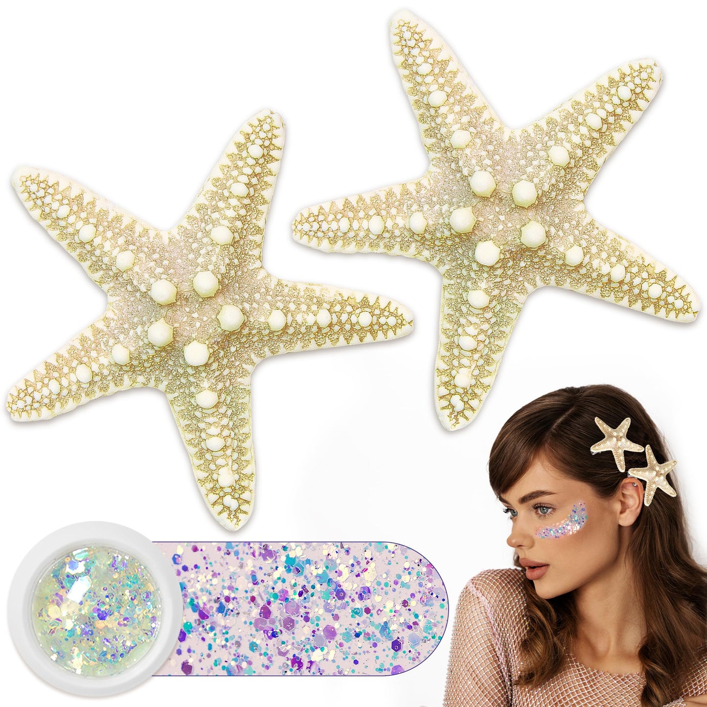 Gofriipai 2 Pcs Starfish Hair Clip with Face Glitter Body Glitter, Mermaid Hair Clips Accessories for Women and Girls, 2 in 1 Accessory Sets for Mermaid Halloween Beach Costume