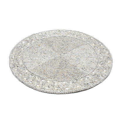 13" Round Beaded Placemat - Handcrafted Glass Beads in White Silver - Luxury Dining Table Decor, Wedding & Housewarming Gift, Holiday Use Pack of 1 by ALPHA Living HOME