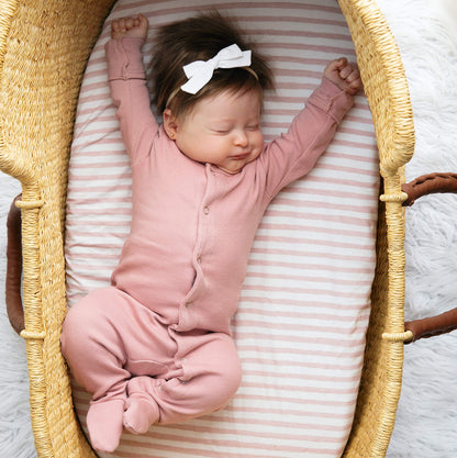 Ely's & Co. Patent Pending Waterproof Bassinet Sheet, No Need for Bassinet Mattress Pad Cover, 2 Pack Mauve Pink Splash & Stripes,for Baby Girl 32" 16"X3"