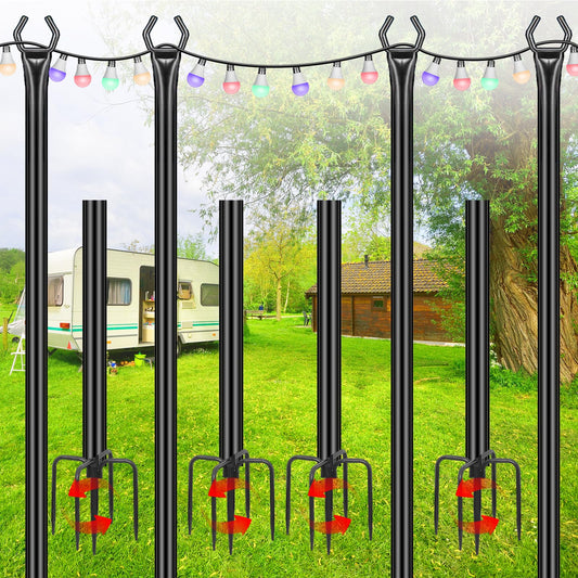 FHNFHN String Light Poles 4 Pack,10FT Metal String Light Poles for Outside, Adjustable Outdoor Poles for Patio, Deck, Garden, Wedding, Backyard, Christmas Party Decor, Sturdy with Hooks