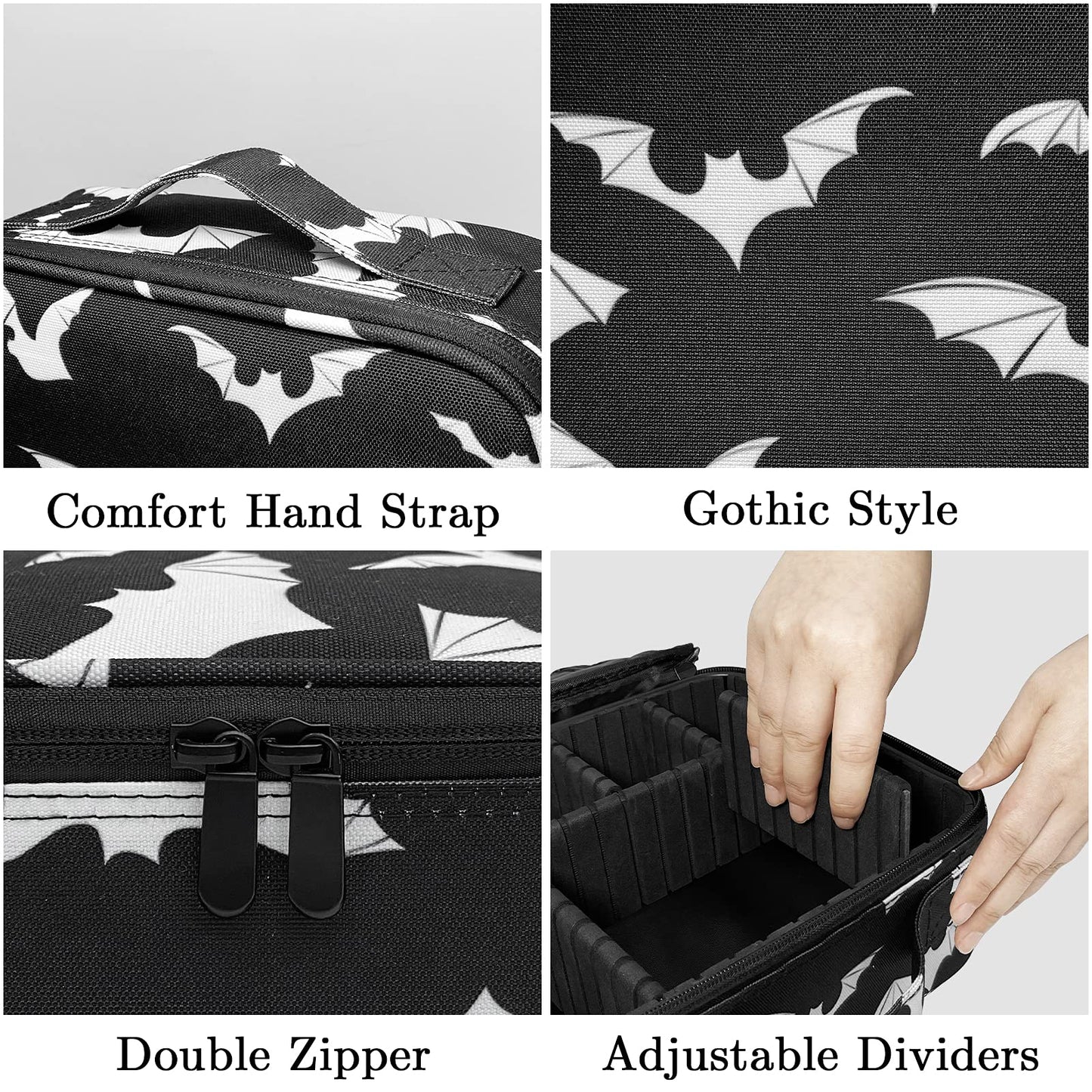 9CH Goth Makeup Organizer Bag, Halloween Makeup Bags Large Cosmetic Bag with Adjustable Dividers Portable Bat Cosmetic Case for Make up Brushes Toiletry Jewelry（Black Bats）