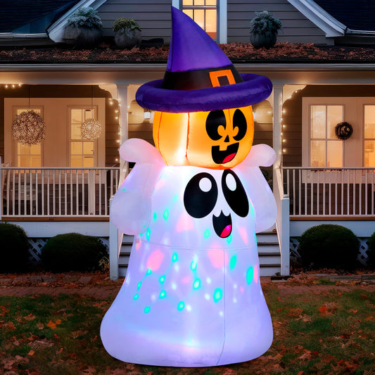 Joiedomi 5 FT Tall Halloween Inflatable Outdoor Decor, Blow Up Yard Decoration Ghost with Colorful LEDs, Inflatable Ghost with Pumpkin Witch Hat for Halloween Outdoor Decoration
