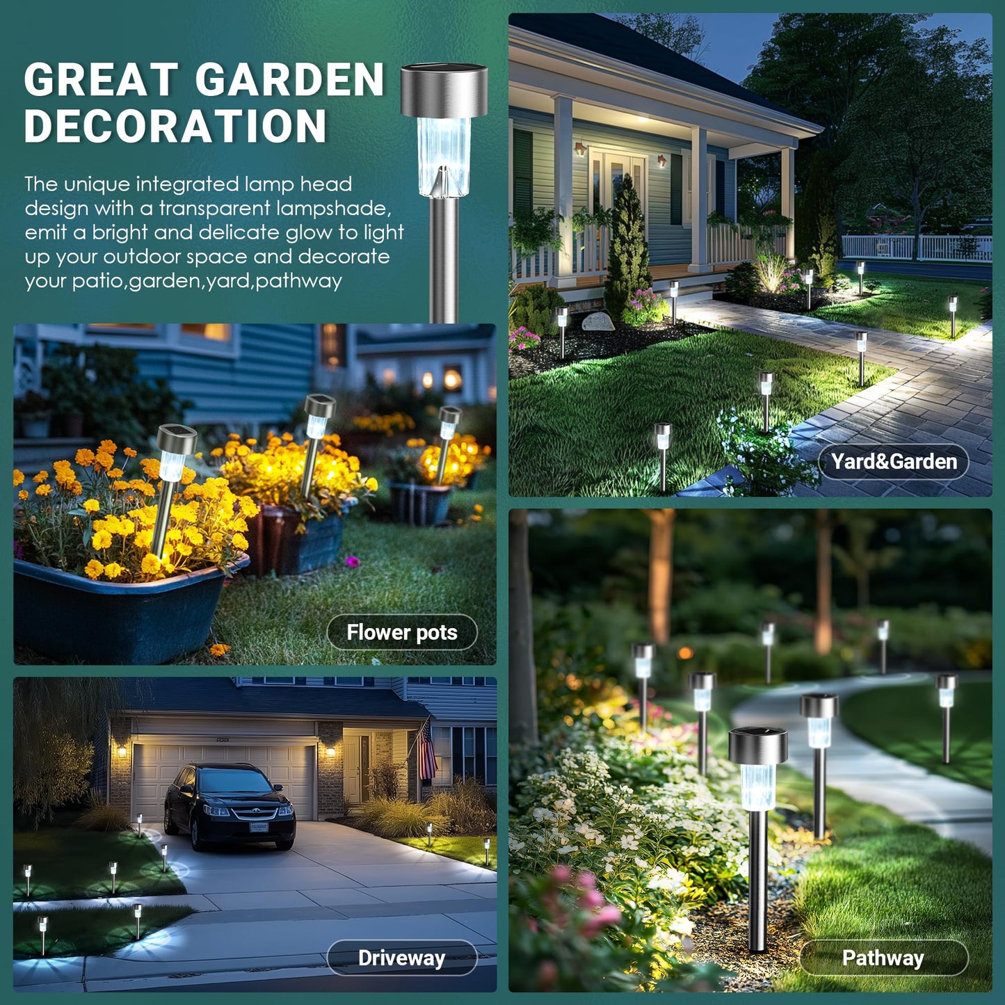 GIGALUMI Solar Lights Outdoor Waterproof, 12 Pack, Stainless Steel LED Solar Garden Lights for Patio, Lawn, Yard and Landscape, Cold White