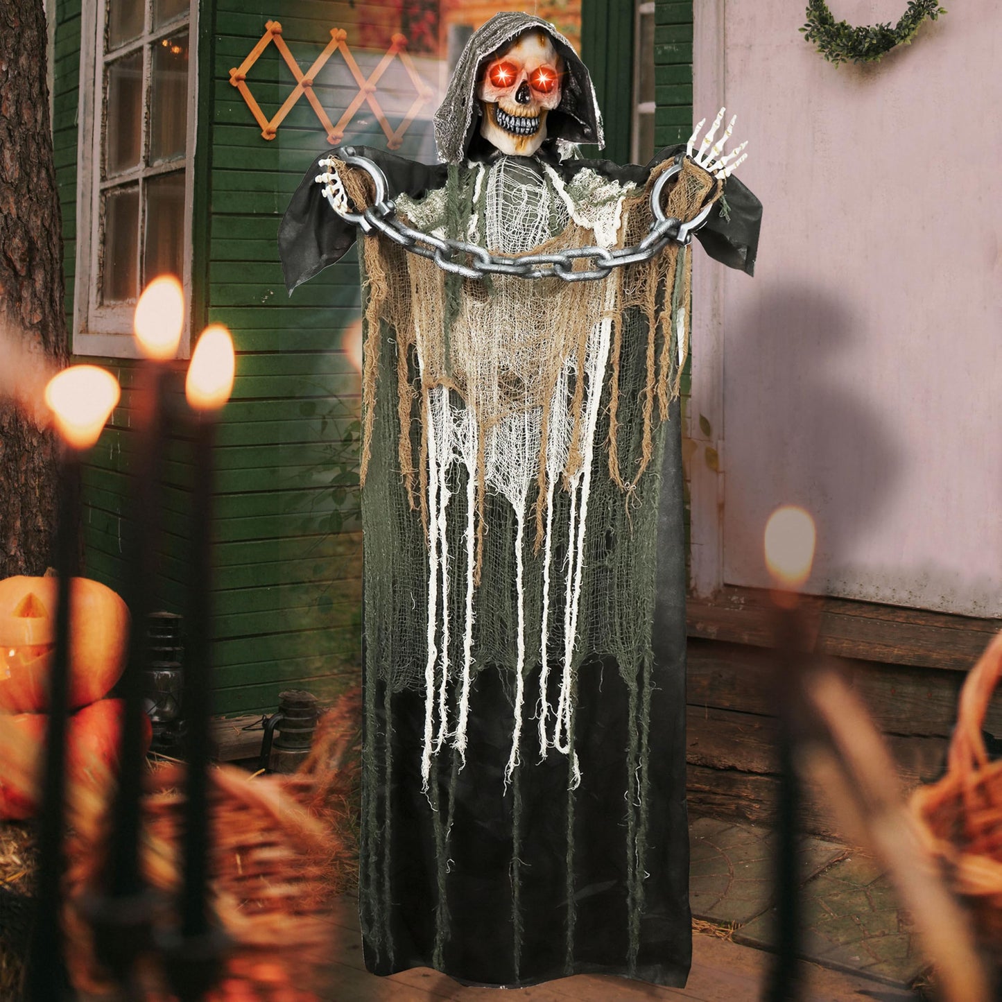 JOYIN 67" Halloween Decorations Outdoor Life Size Animatronics Grim Reaper with Chain, Sound-Actived Party Decor with Creepy Sound, Scary Haunted House Props for Garden Yard Lawn