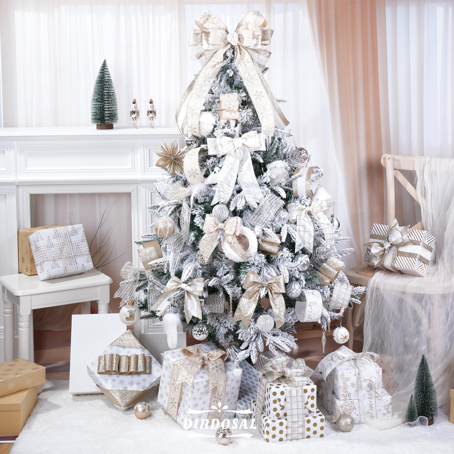 DINDOSAL Champagne Christmas Ribbon Wired 2.5 Inch, 6 Rolls 36 Yards Glitter Champagne Gold Christmas Tree Ribbon for Garland, Wreaths, Bows, Ribbon for Christmas Decor